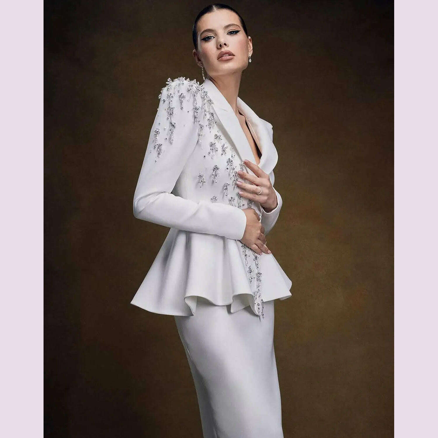 Customized Crystal Beaded Women Suit Set Blazer And Skirts Formal Office Business Lady Prom Dress Jacket Coat Custom Size