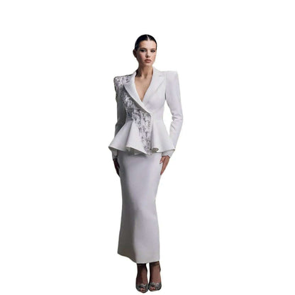 Customized Crystal Beaded Women Suit Set Blazer And Skirts Formal Office Business Lady Prom Dress Jacket Coat Custom Size