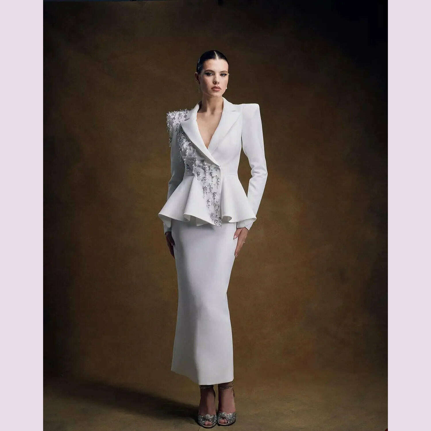 Customized Crystal Beaded Women Suit Set Blazer And Skirts Formal Office Business Lady Prom Dress Jacket Coat Custom Size