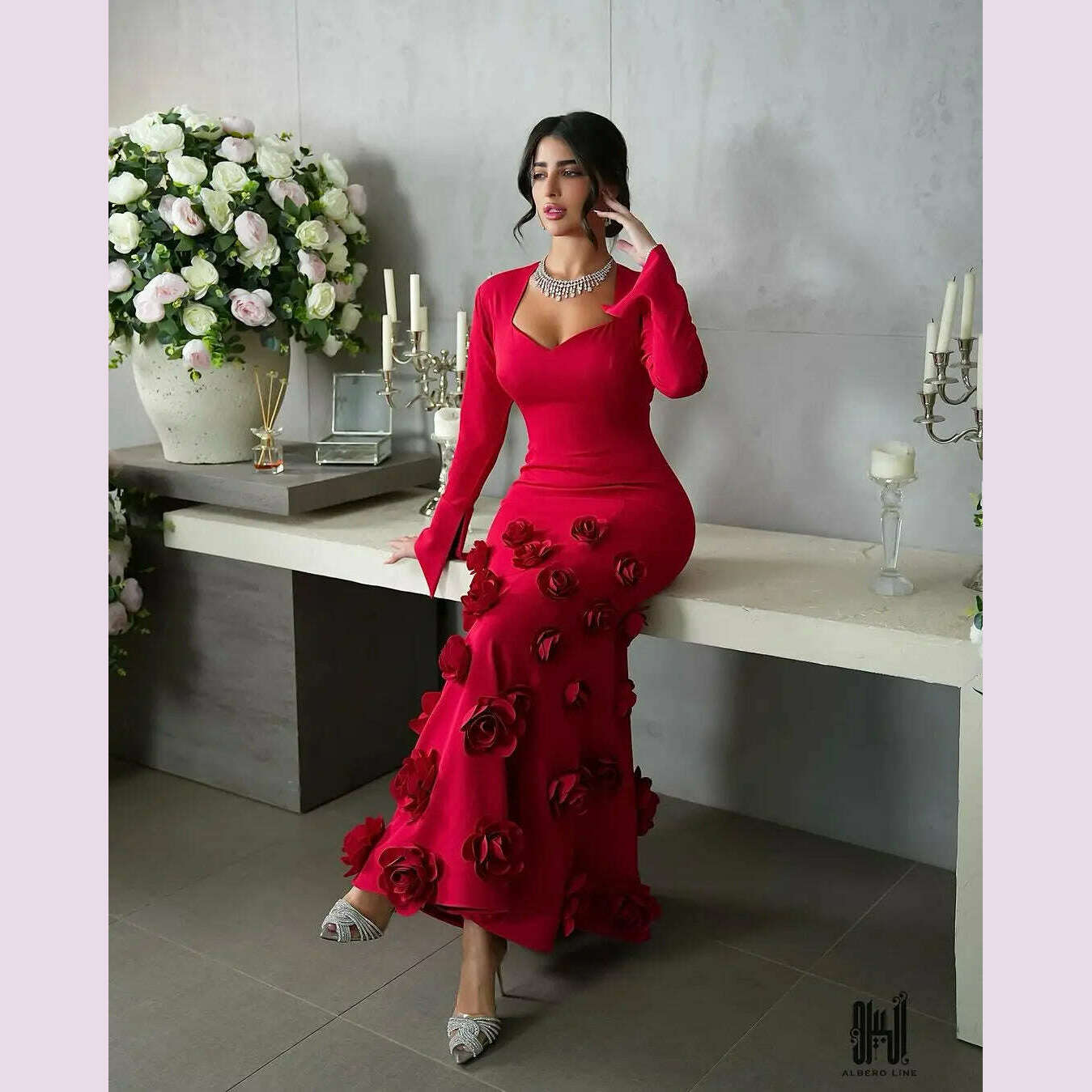 Customized Mermaid Red Prom Dresses Long Sleeves Sweetheart Flowers Ankle Length Evening Dresses Party Dresses