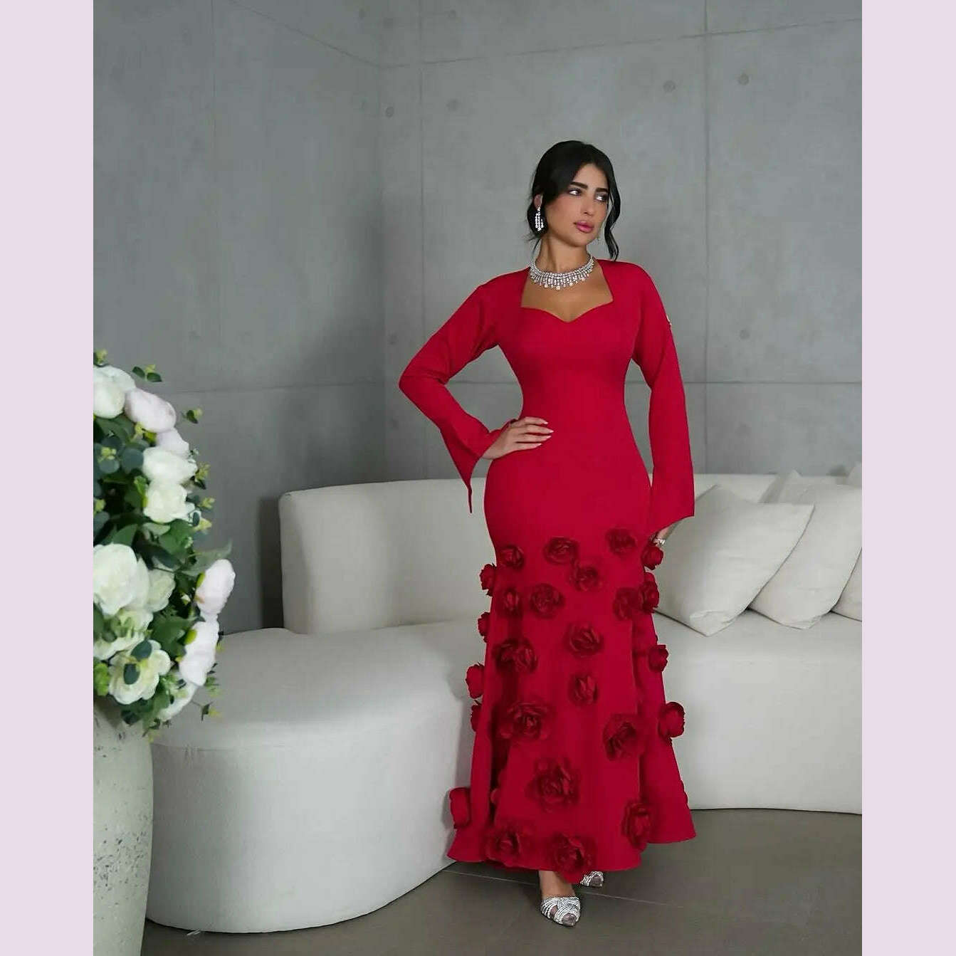 Customized Mermaid Red Prom Dresses Long Sleeves Sweetheart Flowers Ankle Length Evening Dresses Party Dresses