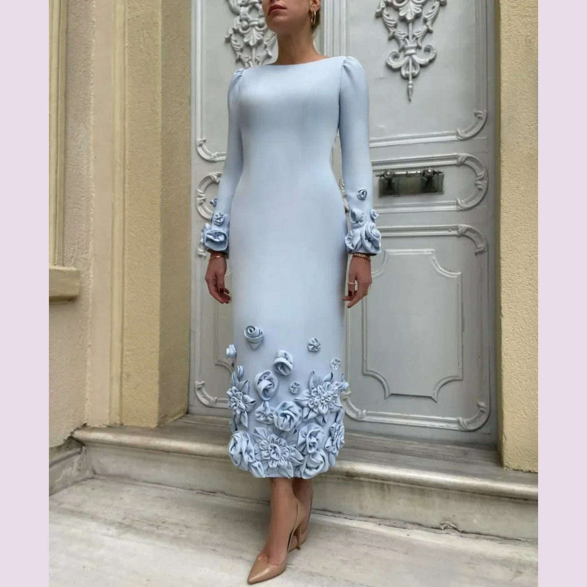 Customized Sizes Available Jersey Pleat Flower Straight Jewel Midi Dresses Cocktail Dresses High Quality Unisex