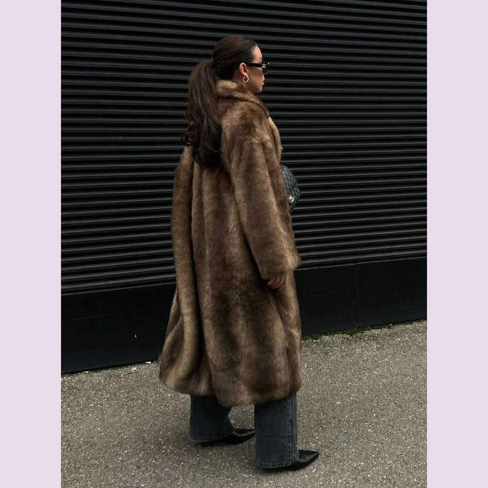 Dark Brown Faux Fur Long Overcoat For Women Fashion Lapel Single Breasted Loose Fluffy Plush Warm Coat Winter Thicken Outerwear