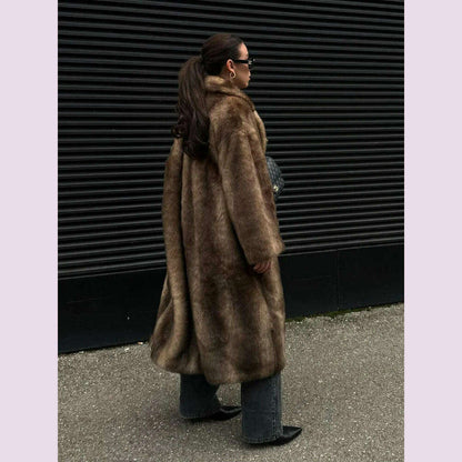 Dark Brown Faux Fur Long Overcoat For Women Fashion Lapel Single Breasted Loose Fluffy Plush Warm Coat Winter Thicken Outerwear