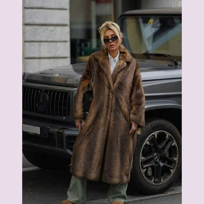 Dark Brown Faux Fur Long Overcoat For Women Fashion Lapel Single Breasted Loose Fluffy Plush Warm Coat Winter Thicken Outerwear