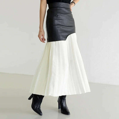 DEAT 2024 White Long Autumn Leather Patchwork A-line Wrap Hip Temperament New Fashion Women's Pleated Skirt 7Z206