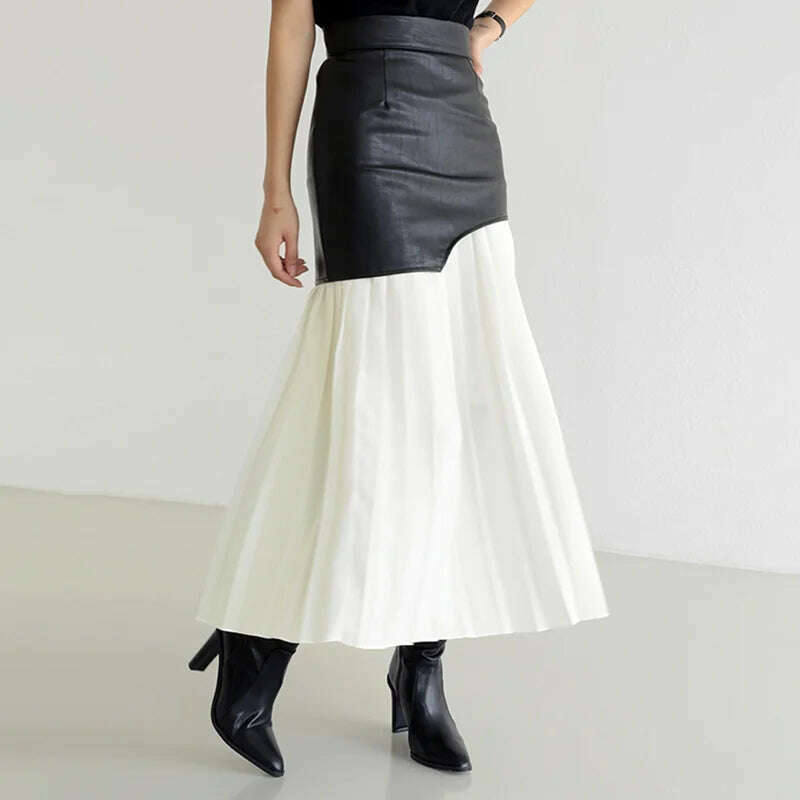 DEAT 2024 White Long Autumn Leather Patchwork A-line Wrap Hip Temperament New Fashion Women's Pleated Skirt 7Z206