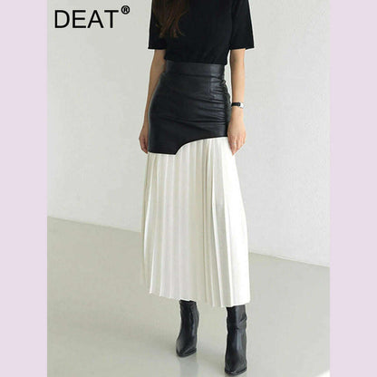 DEAT 2024 White Long Autumn Leather Patchwork A-line Wrap Hip Temperament New Fashion Women's Pleated Skirt 7Z206