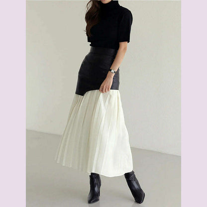 DEAT 2024 White Long Autumn Leather Patchwork A-line Wrap Hip Temperament New Fashion Women's Pleated Skirt 7Z206
