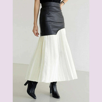 DEAT 2024 White Long Autumn Leather Patchwork A-line Wrap Hip Temperament New Fashion Women's Pleated Skirt 7Z206