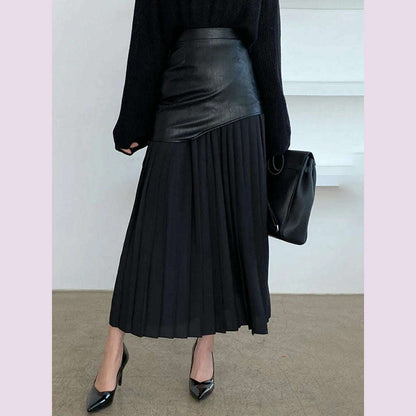 DEAT 2024 White Long Autumn Leather Patchwork A-line Wrap Hip Temperament New Fashion Women's Pleated Skirt 7Z206