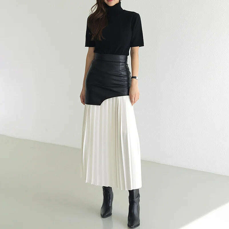 DEAT 2024 White Long Autumn Leather Patchwork A-line Wrap Hip Temperament New Fashion Women's Pleated Skirt 7Z206