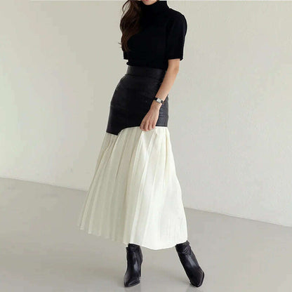 DEAT 2024 White Long Autumn Leather Patchwork A-line Wrap Hip Temperament New Fashion Women's Pleated Skirt 7Z206