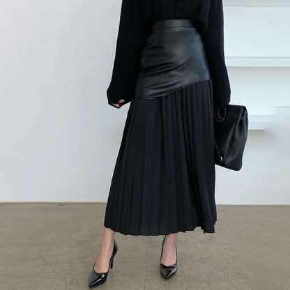 DEAT 2024 White Long Autumn Leather Patchwork A-line Wrap Hip Temperament New Fashion Women's Pleated Skirt 7Z206