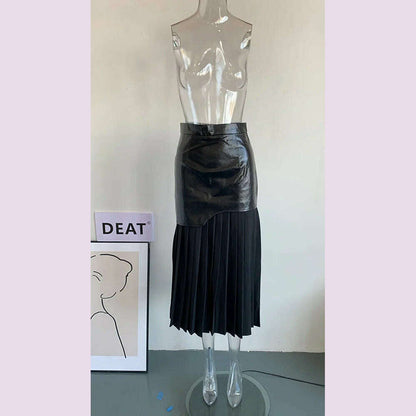 DEAT 2024 White Long Autumn Leather Patchwork A-line Wrap Hip Temperament New Fashion Women's Pleated Skirt 7Z206