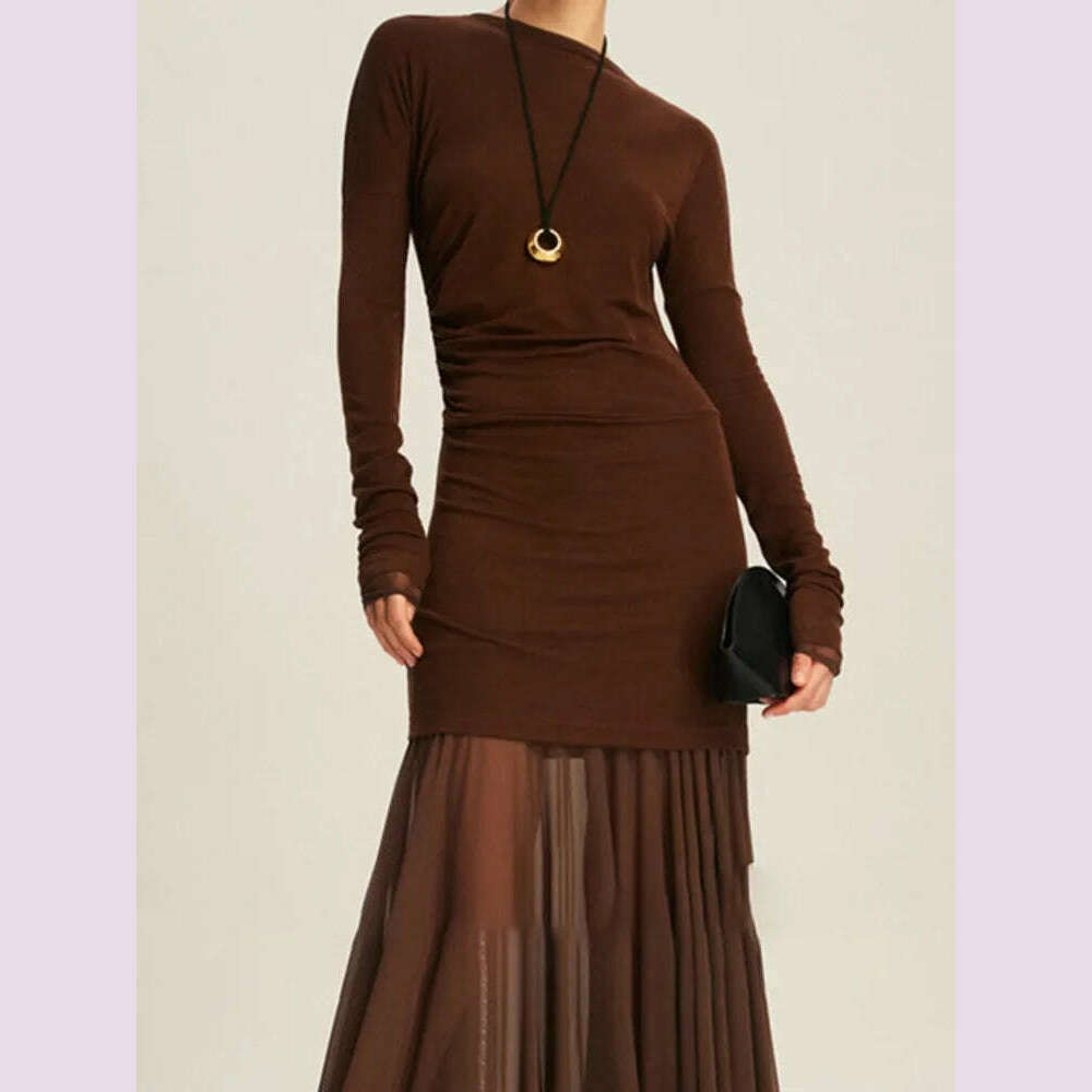 DEAT Elegant Dress O-neck Long Sleeve Elastic Gauze Patchwork Pleated Women's Evening Party Dresses 2024 Autumn New Tide 35Z1131