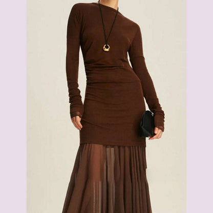 DEAT Elegant Dress O-neck Long Sleeve Elastic Gauze Patchwork Pleated Women's Evening Party Dresses 2024 Autumn New Tide 35Z1131