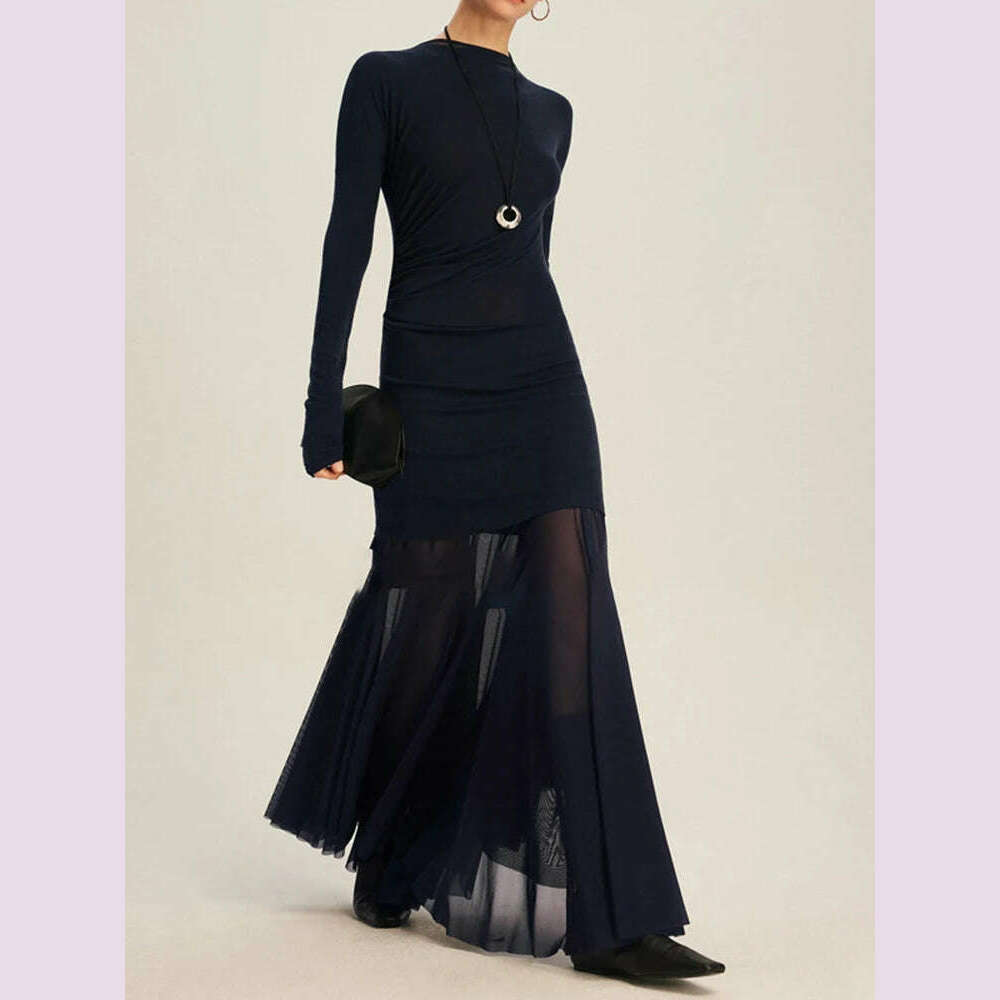 DEAT Elegant Dress O-neck Long Sleeve Elastic Gauze Patchwork Pleated Women's Evening Party Dresses 2024 Autumn New Tide 35Z1131