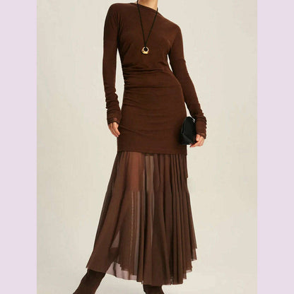 DEAT Elegant Dress O-neck Long Sleeve Elastic Gauze Patchwork Pleated Women's Evening Party Dresses 2024 Autumn New Tide 35Z1131