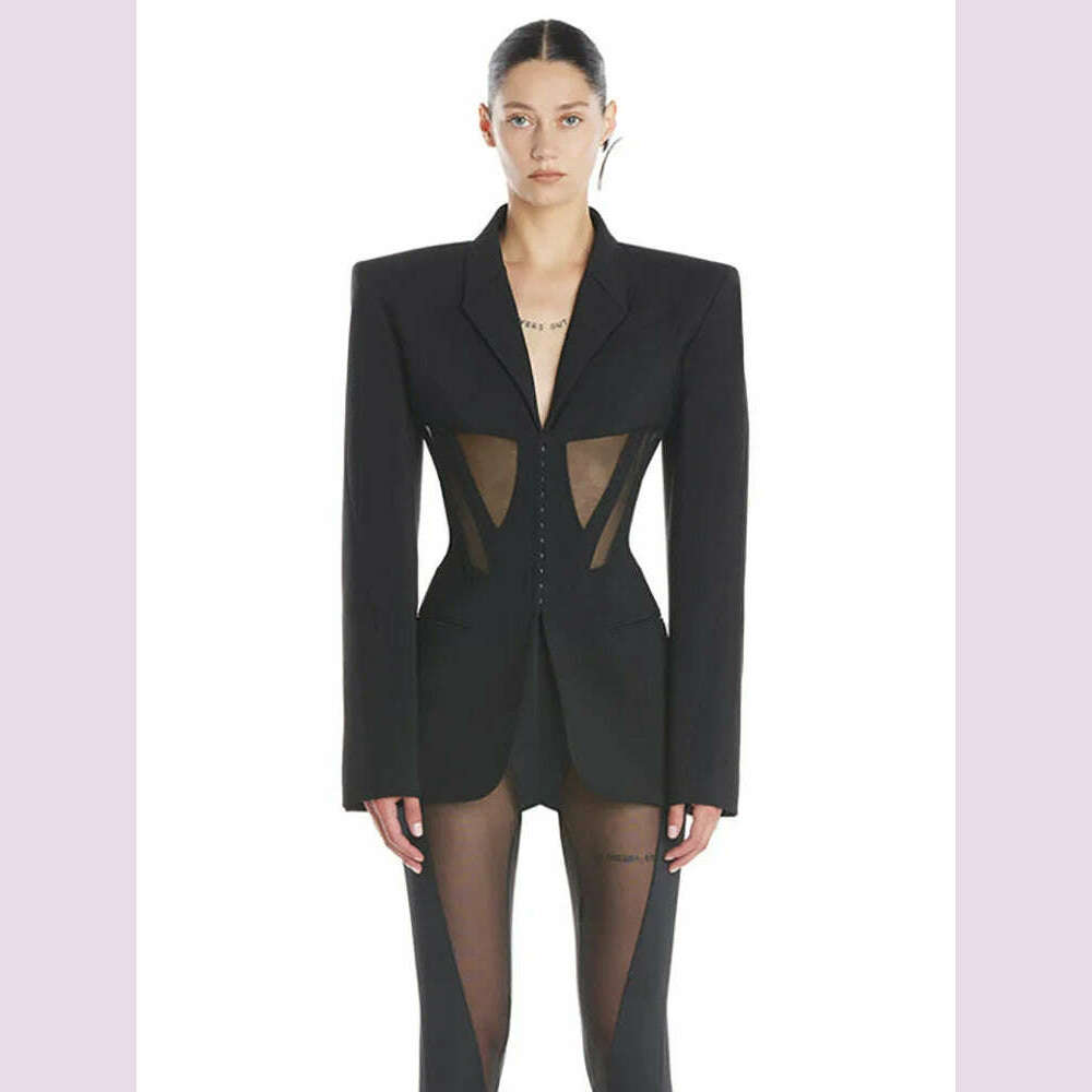 DEAT Fashion Women Blazer Notched Collar Full Sleeve Hidden Breasted Lace Patchwork Waist Black Jacket Autumn 2024 New 17A8211
