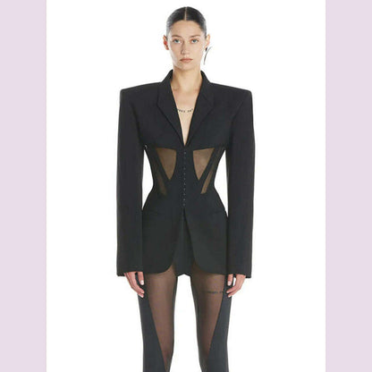 DEAT Fashion Women Blazer Notched Collar Full Sleeve Hidden Breasted Lace Patchwork Waist Black Jacket Autumn 2024 New 17A8211