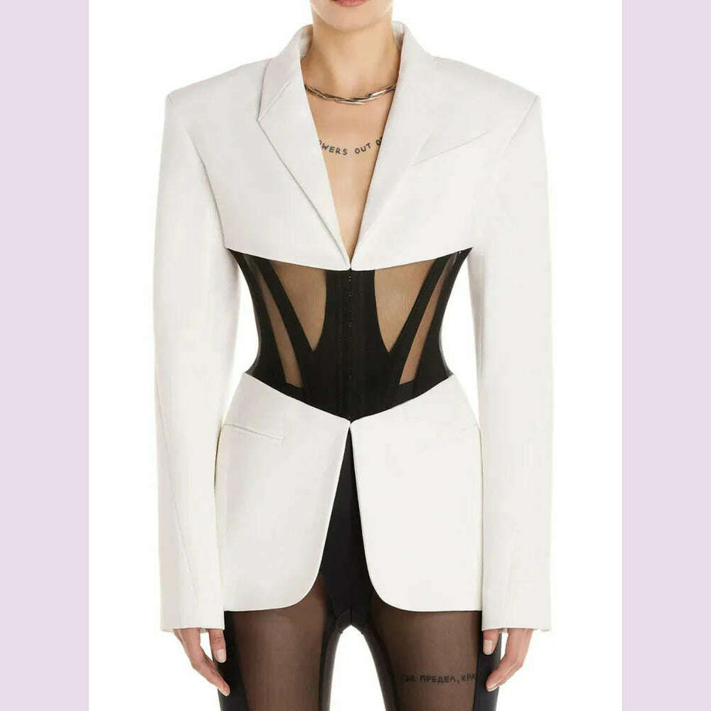 DEAT Fashion Women Blazer Notched Collar Full Sleeve Hidden Breasted Lace Patchwork Waist Black Jacket Autumn 2024 New 17A8211