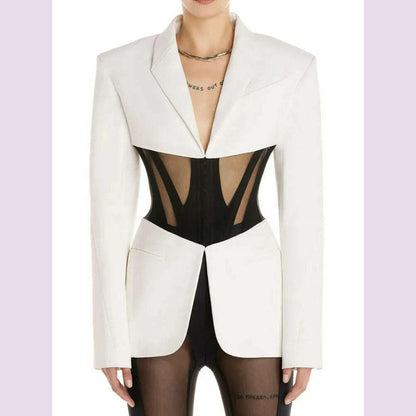 DEAT Fashion Women Blazer Notched Collar Full Sleeve Hidden Breasted Lace Patchwork Waist Black Jacket Autumn 2024 New 17A8211