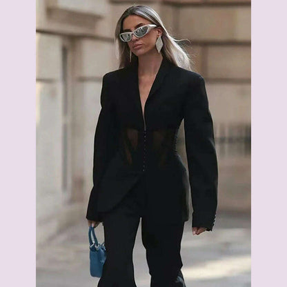 DEAT Fashion Women Blazer Notched Collar Full Sleeve Hidden Breasted Lace Patchwork Waist Black Jacket Autumn 2024 New 17A8211
