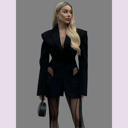 DEAT Fashion Women Blazer Notched Collar Full Sleeve Hidden Breasted Lace Patchwork Waist Black Jacket Autumn 2024 New 17A8211