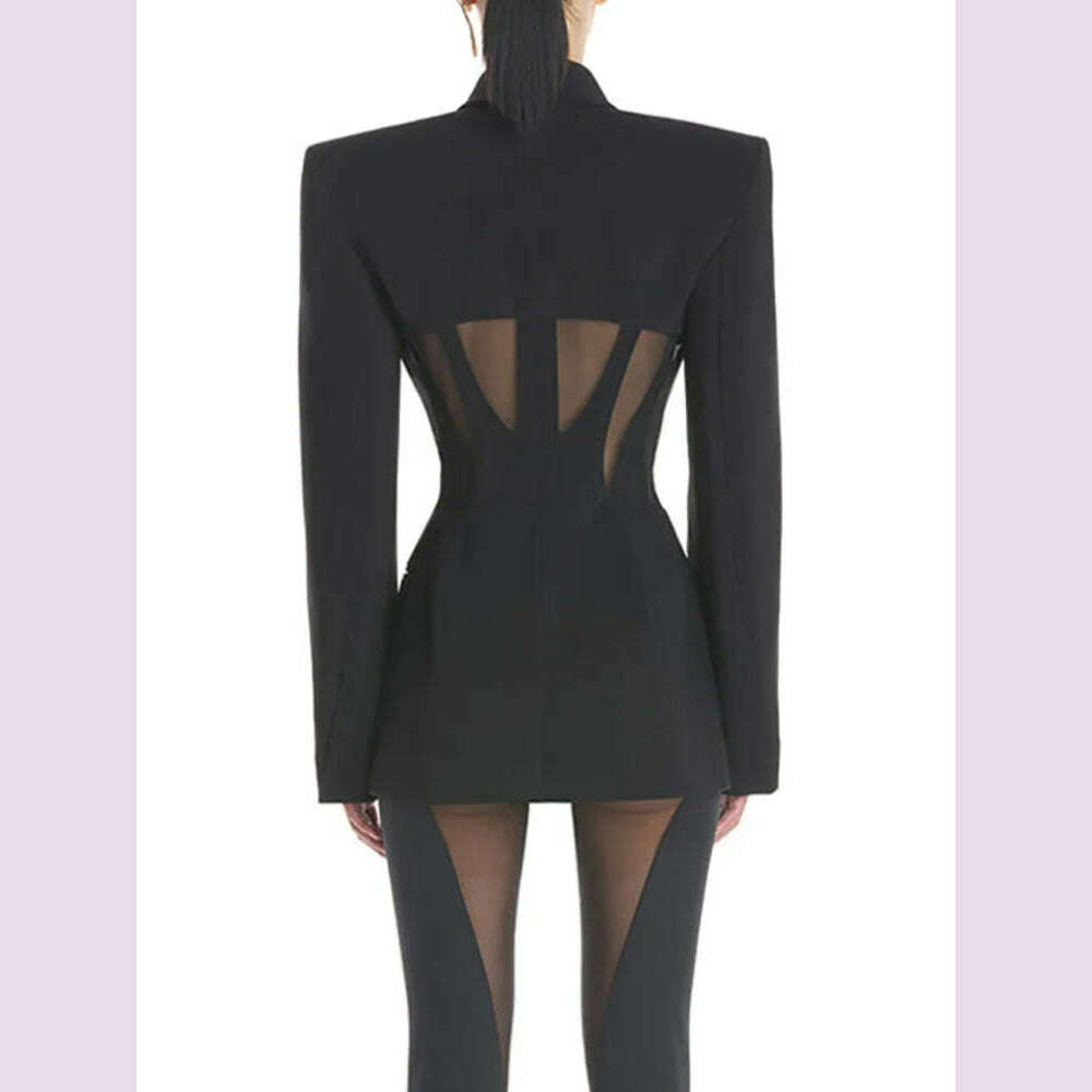 DEAT Fashion Women Blazer Notched Collar Full Sleeve Hidden Breasted Lace Patchwork Waist Black Jacket Autumn 2024 New 17A8211
