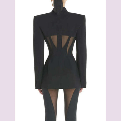 DEAT Fashion Women Blazer Notched Collar Full Sleeve Hidden Breasted Lace Patchwork Waist Black Jacket Autumn 2024 New 17A8211