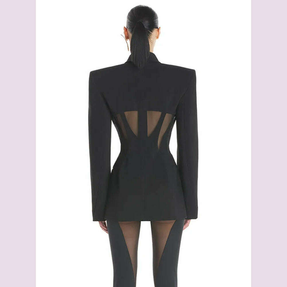 DEAT Fashion Women Blazer Notched Collar Full Sleeve Hidden Breasted Lace Patchwork Waist Black Jacket Autumn 2024 New 17A8211
