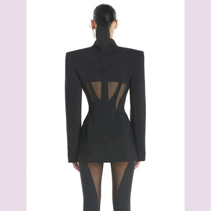 DEAT Fashion Women Blazer Notched Collar Full Sleeve Hidden Breasted Lace Patchwork Waist Black Jacket Autumn 2024 New 17A8211