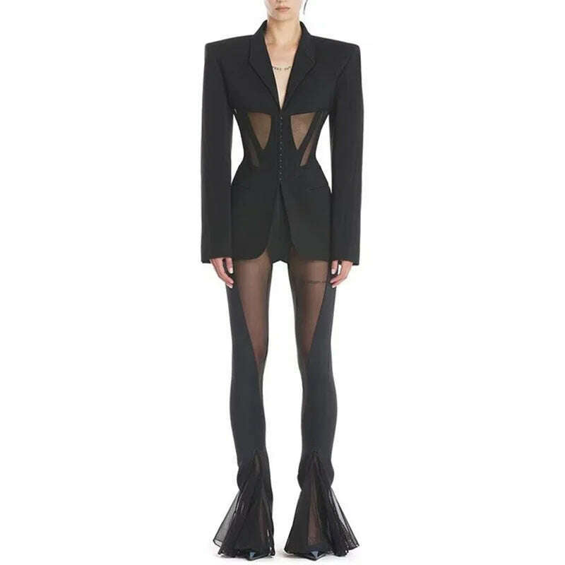 DEAT Fashion Women Blazer Notched Collar Full Sleeve Hidden Breasted Lace Patchwork Waist Black Jacket Autumn 2024 New 17A8211