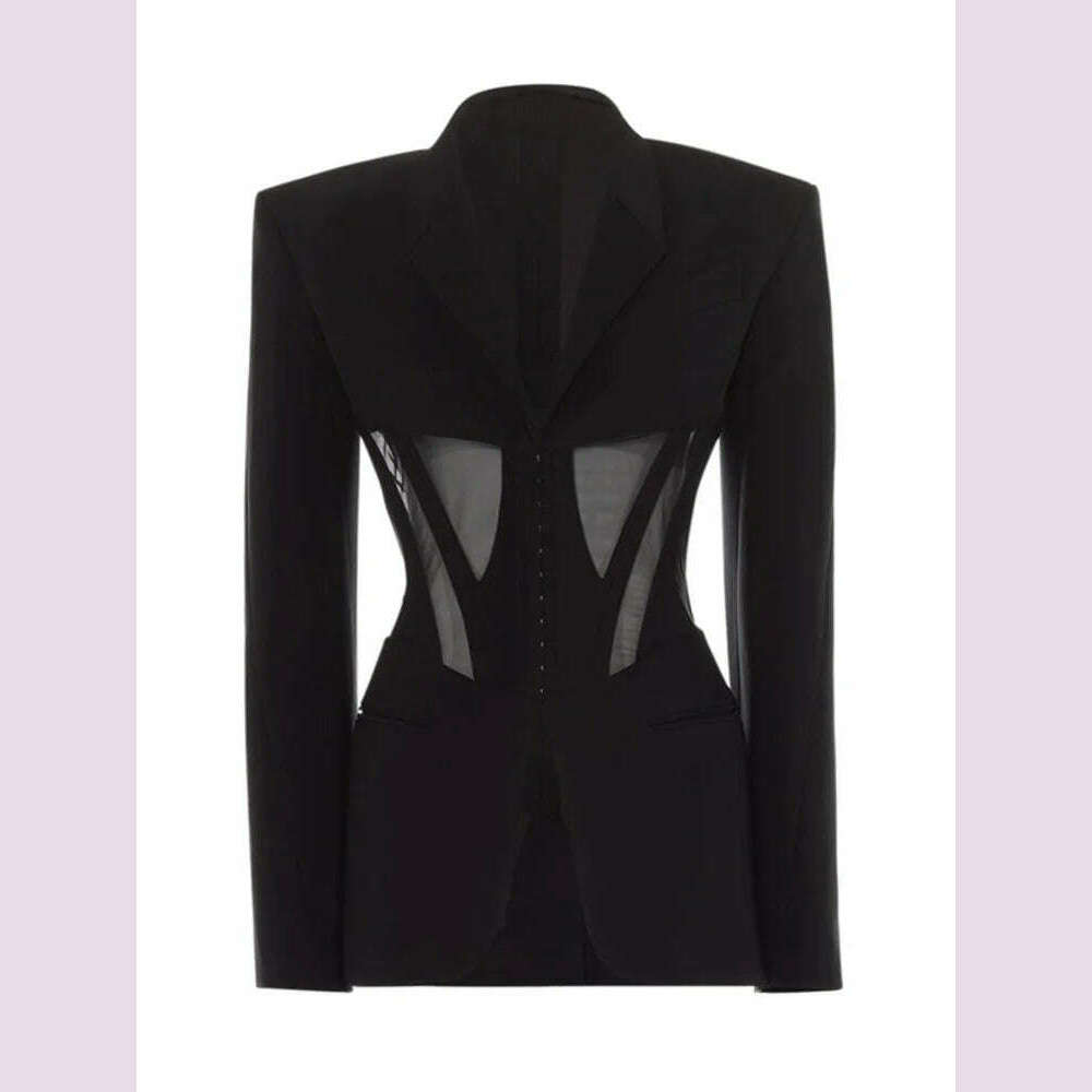 DEAT Fashion Women Blazer Notched Collar Full Sleeve Hidden Breasted Lace Patchwork Waist Black Jacket Autumn 2024 New 17A8211