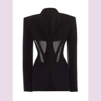DEAT Fashion Women Blazer Notched Collar Full Sleeve Hidden Breasted Lace Patchwork Waist Black Jacket Autumn 2024 New 17A8211