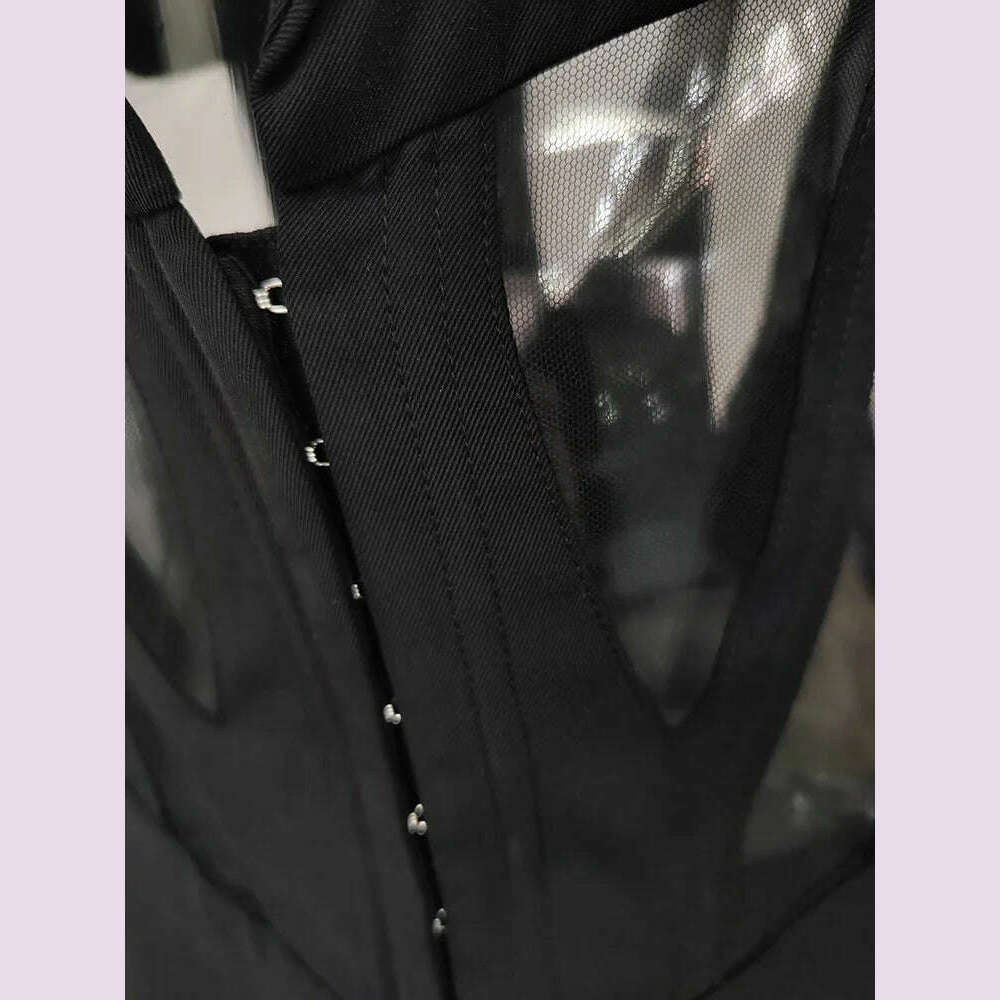 DEAT Fashion Women Blazer Notched Collar Full Sleeve Hidden Breasted Lace Patchwork Waist Black Jacket Autumn 2024 New 17A8211