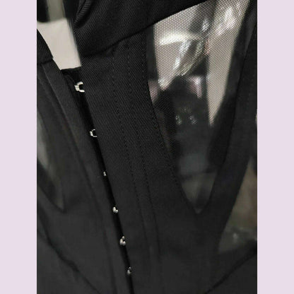 DEAT Fashion Women Blazer Notched Collar Full Sleeve Hidden Breasted Lace Patchwork Waist Black Jacket Autumn 2024 New 17A8211