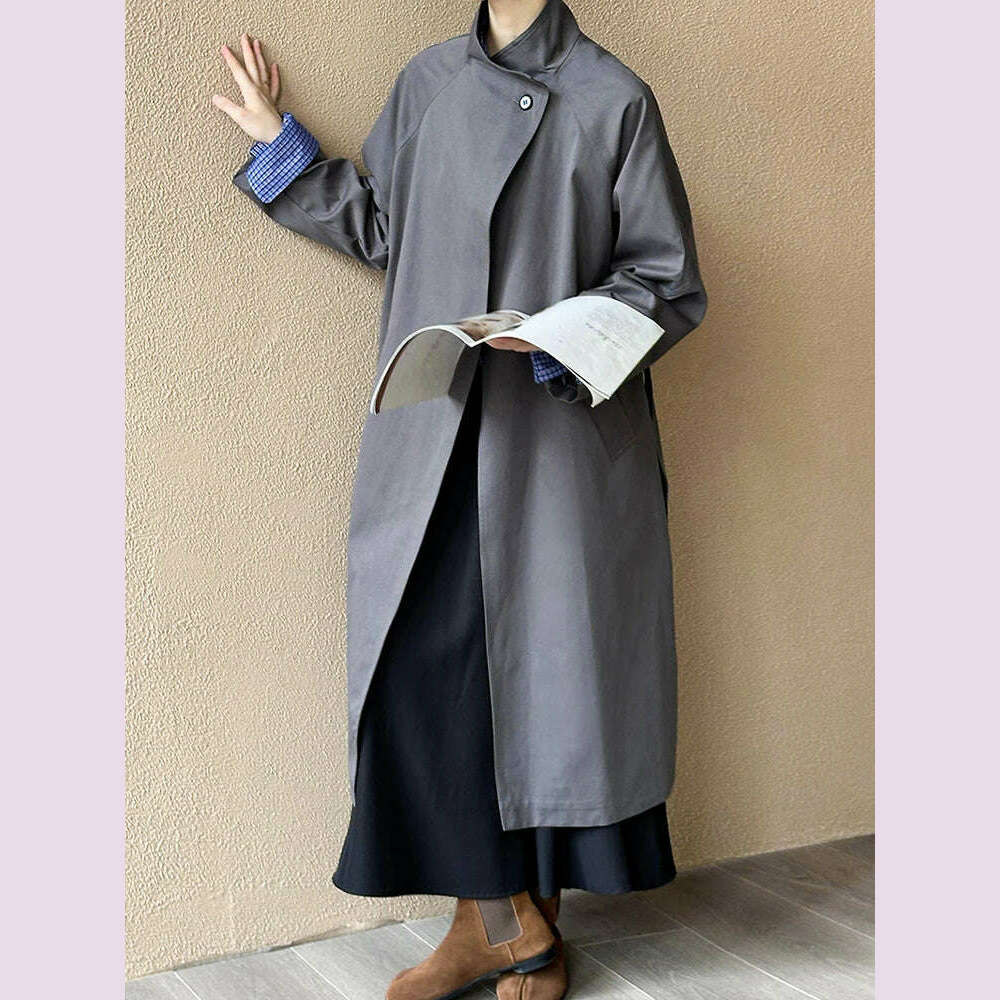 DEAT Fashion Women Trench Coat Big Lapel Loose Long Sleeves Single Button Gray Sashes Loose Windbreaker Autumn 2025 New 7AB5197