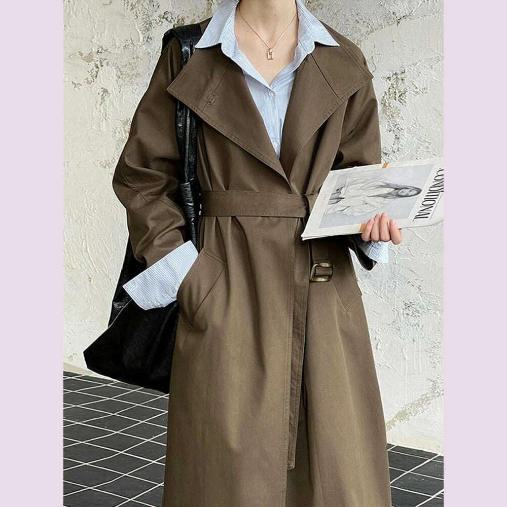 DEAT Fashion Women Trench Coat Big Lapel Loose Long Sleeves Single Button Gray Sashes Loose Windbreaker Autumn 2025 New 7AB5197