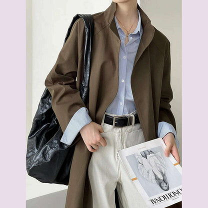 DEAT Fashion Women Trench Coat Big Lapel Loose Long Sleeves Single Button Gray Sashes Loose Windbreaker Autumn 2025 New 7AB5197