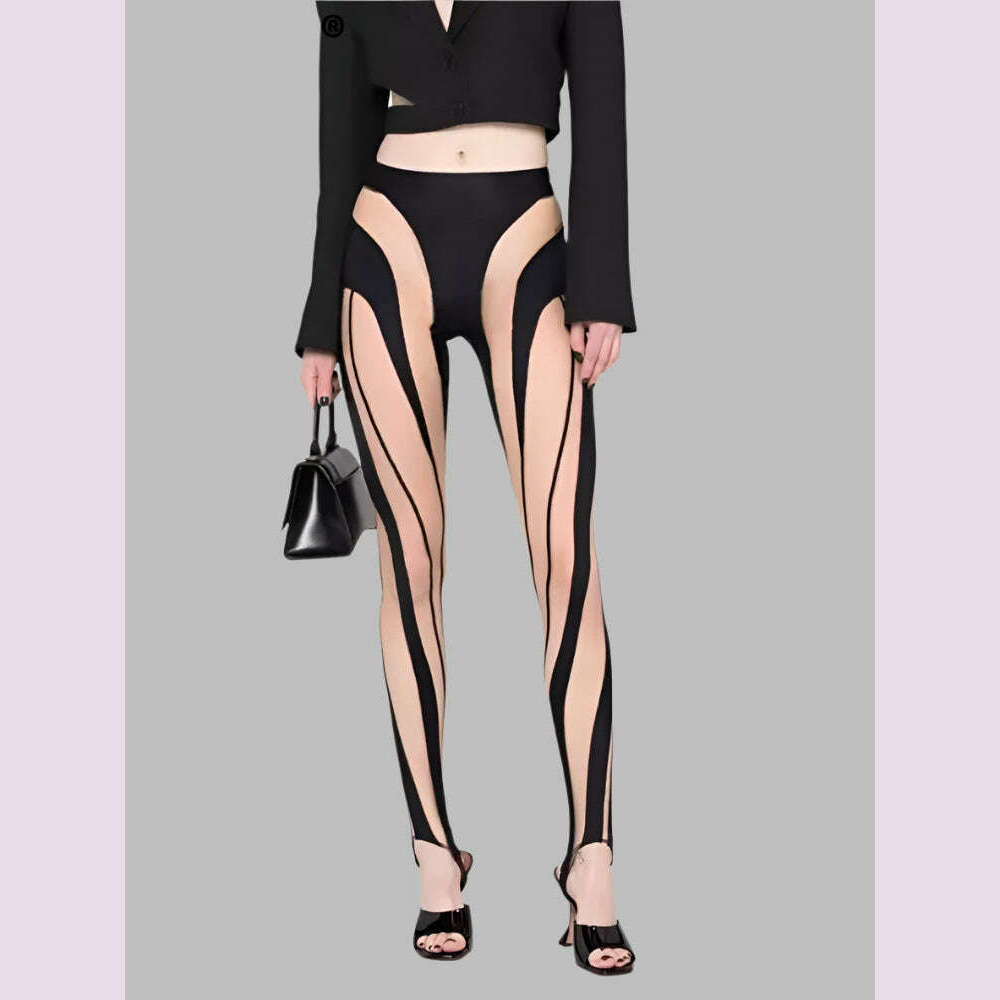 DEAT Fashion Women‘s High Waist Elastic Leggings Vertical Stripes Patchwork Gauze Trousers Female Summer 2024 New Tide WW969