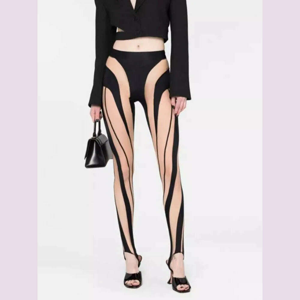DEAT Fashion Women‘s High Waist Elastic Leggings Vertical Stripes Patchwork Gauze Trousers Female Summer 2024 New Tide WW969