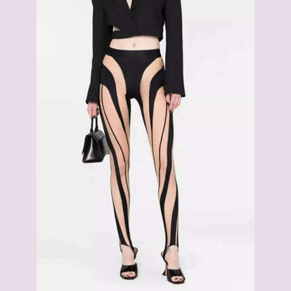 DEAT Fashion Women‘s High Waist Elastic Leggings Vertical Stripes Patchwork Gauze Trousers Female Summer 2024 New Tide WW969