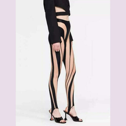 DEAT Fashion Women‘s High Waist Elastic Leggings Vertical Stripes Patchwork Gauze Trousers Female Summer 2024 New Tide WW969