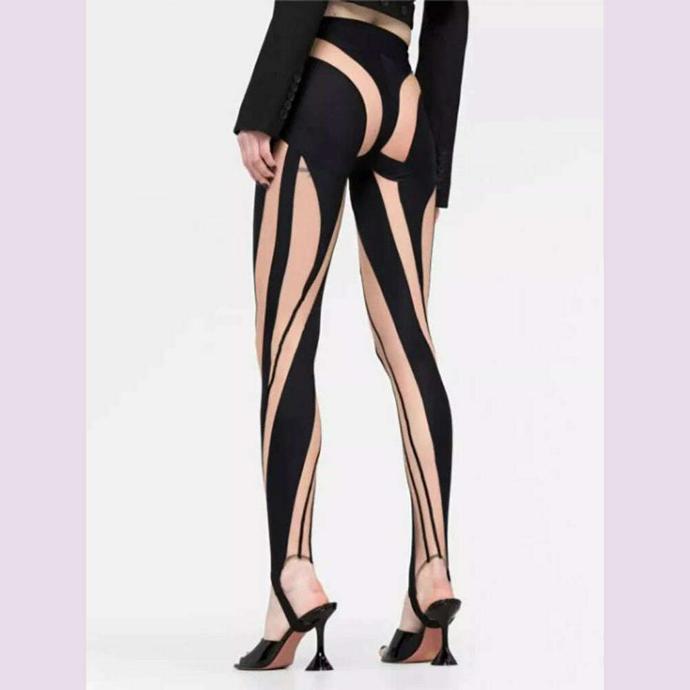 DEAT Fashion Women‘s High Waist Elastic Leggings Vertical Stripes Patchwork Gauze Trousers Female Summer 2024 New Tide WW969