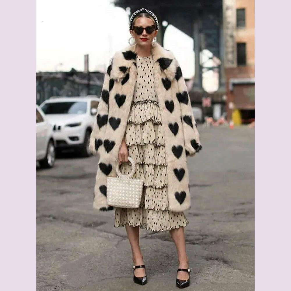 DEAT Fashion Women's Faux Fur Coat Lapel Loose Long Sleeve Plush Black Love Thick Warm White Overcoat Winter 2022 New 7AB2449