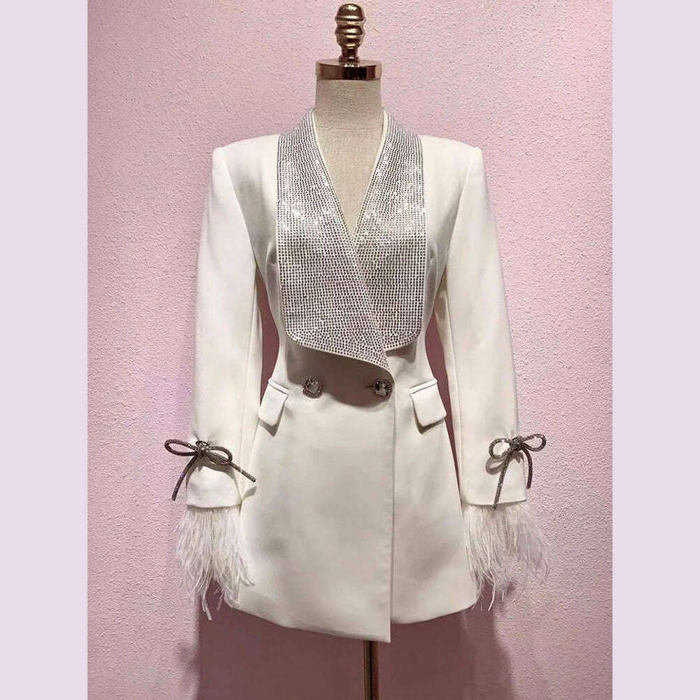DEAT Fashion Women's Jackt Slim Rhinestone Lapel Double Breasted Feather Sleeve Waist Solid Color Blazer Summer 2023 New 17A8207