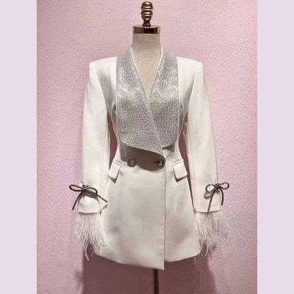 DEAT Fashion Women's Jackt Slim Rhinestone Lapel Double Breasted Feather Sleeve Waist Solid Color Blazer Summer 2023 New 17A8207