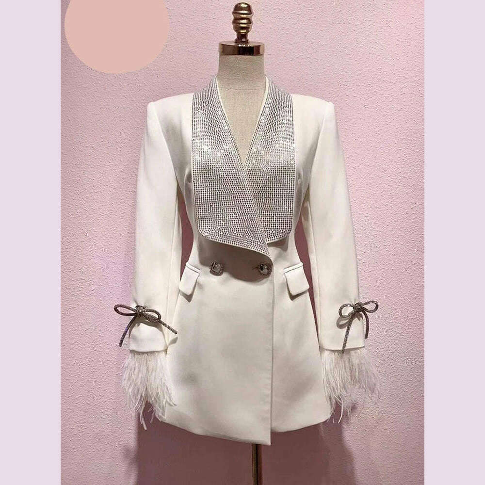 DEAT Fashion Women's Jackt Slim Rhinestone Lapel Double Breasted Feather Sleeve Waist Solid Color Blazer Summer 2023 New 17A8207